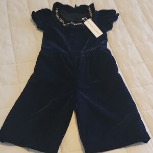 NWT Janie and Jack Navy Velvet Jumpsuit with Gold Embroidery